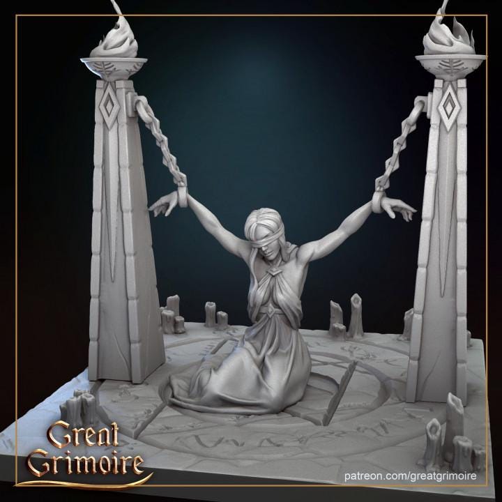 
Chained Prisoner Sacrificed Girl Dungeons and Dragons 28mm/32mm TTRPG Candle Scatter Base Fire Miniature - GG