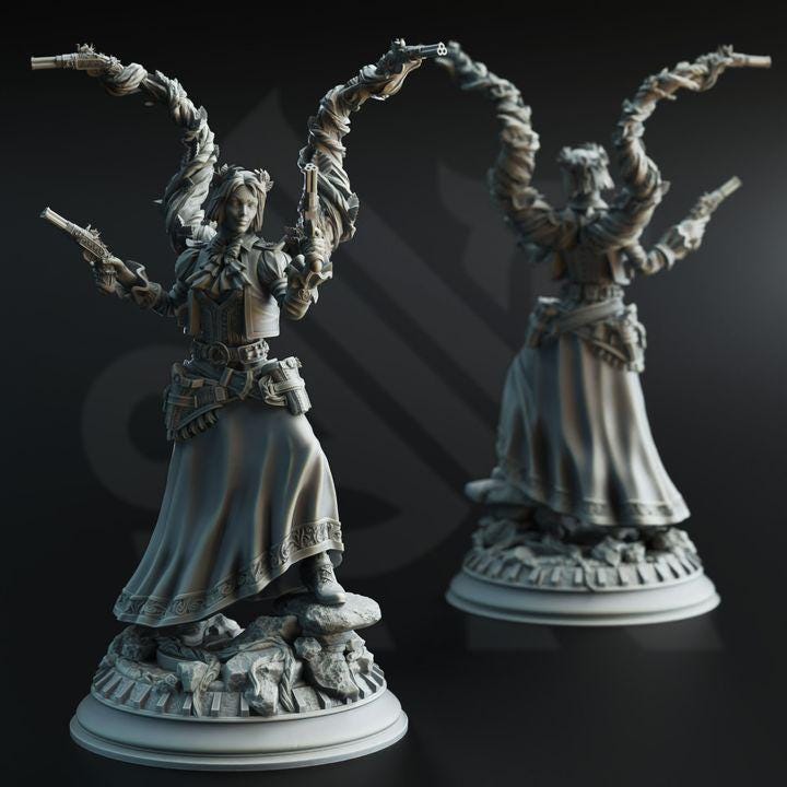 
Half-Elf Druidic Gunslinger - Tasmin Greaves | 28mm/32mm/38mm TTRPG Dark Fantasy Wargaming DnD Tharador Fighter NPC Druid Character
