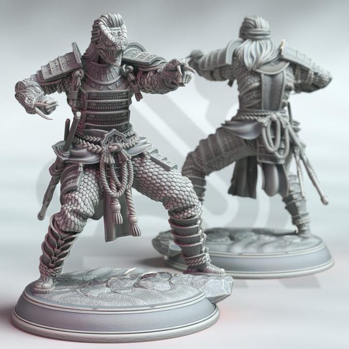 
Samurai of the Serpent - Kazuhira Orochi | 28mm/32mm/38mm TTRPG Fantasy Wargaming Armoured Japanese Monk Spirit Serpent NPC with Katana