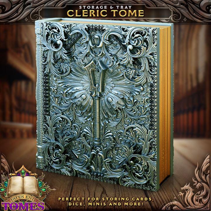 
Cleric Tome Dice Vault – Slide-Out Tray for Dice, Cards, Minis – DnD Spellbook Prop – RPG Storage for Divine Casters & Healers, FatesEnd