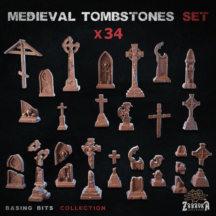 
34pc Medieval Tombstones for Dungeons and Dragons 28mm/32mm Basing Bits DnD Terrain Scenery Scatter D&D TTRPG Mini Basing Material - ZbW