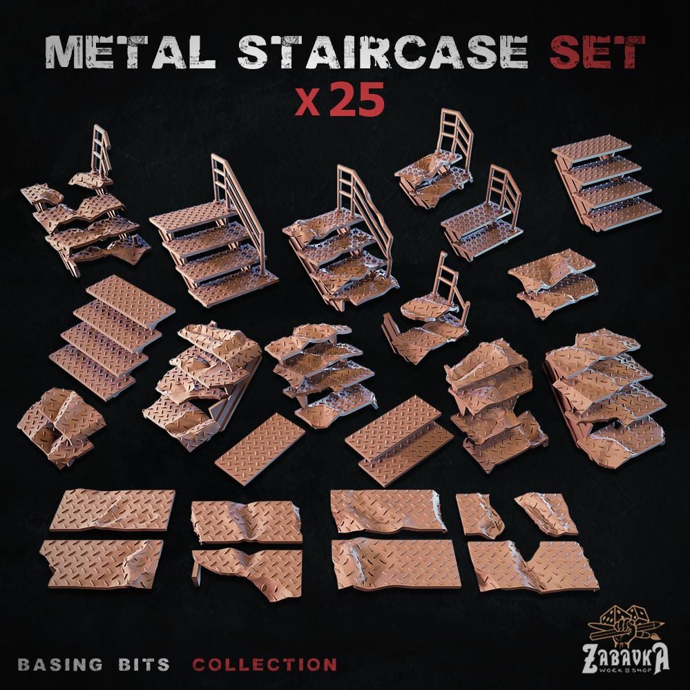 
25pc Metal Staircase - Basing Bits 28mm/32mm TTRPG Industrial Urban Warfare Basing Miniatures Destroyed City Street Ruins Scenery Elements
