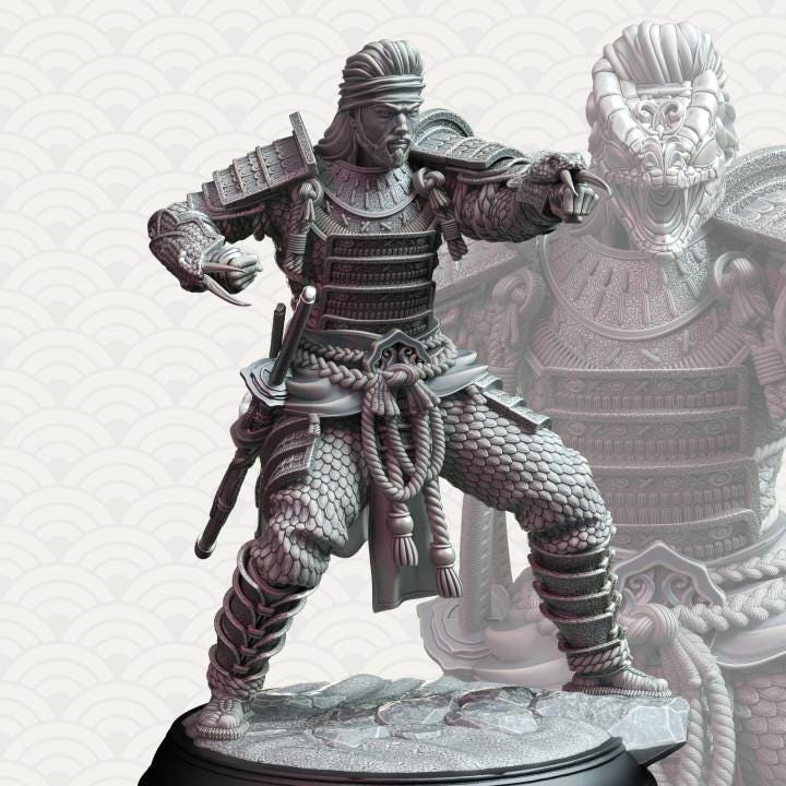 
Samurai of the Serpent - Kazuhira Orochi | 28mm/32mm/38mm TTRPG Fantasy Wargaming Armoured Japanese Monk Spirit Serpent NPC with Katana