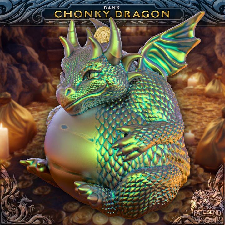 
Chonky Dragon Coin Bank – Fantasy Hoard Guardian Bank – Cute Dragon Decor for DnD Fans & RPG Lovers, FatesEnd