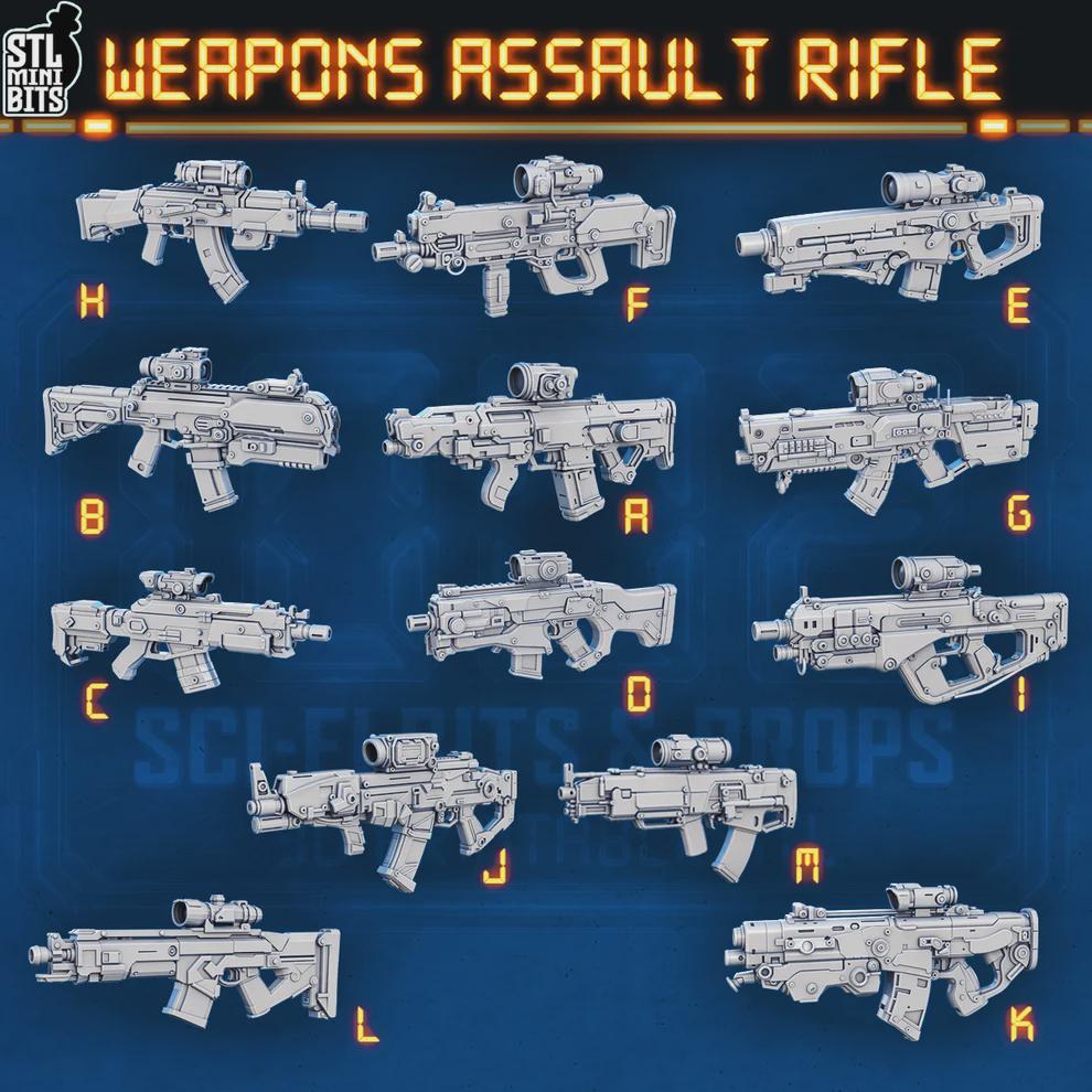 
40pc Mix of Sci Fi Assault Rifles for TTRPGs 28mm/32mm Basing Bits Sci Fi Scatter Terrain Scenery Futuristic TTRPG Mini Basing Bits - STL