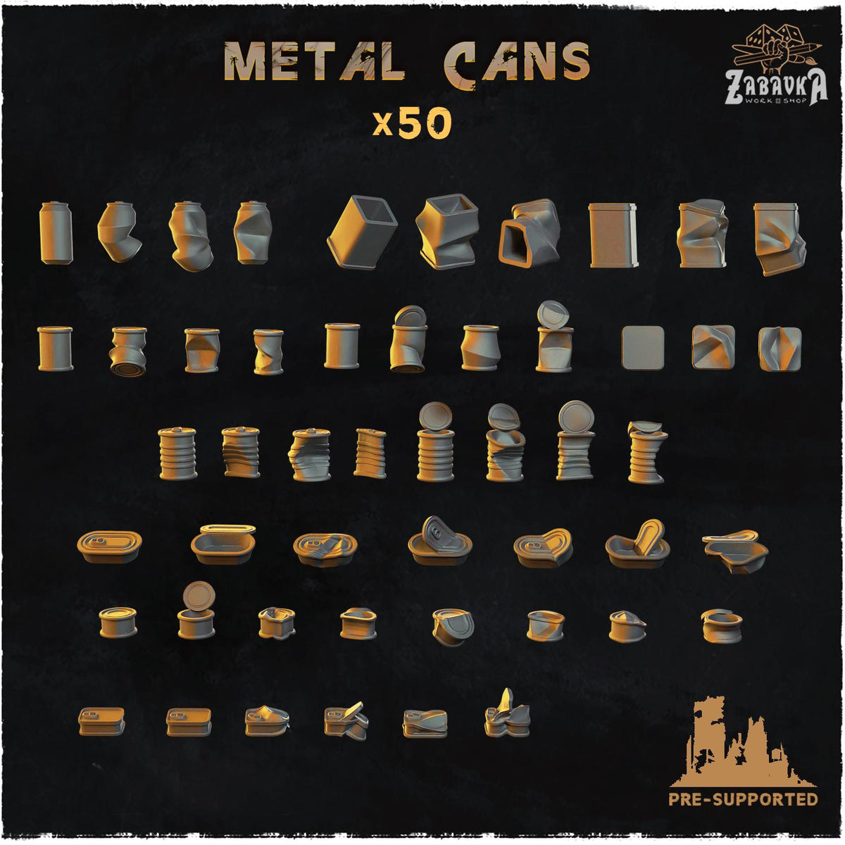 
50pc Metal Cans (Basing Bits 2.0) 28mm/32mm Garbage Scatter City Landfill Basing Dystopian Scenery Canned Tin Packaging Trash MiniaturesZbW