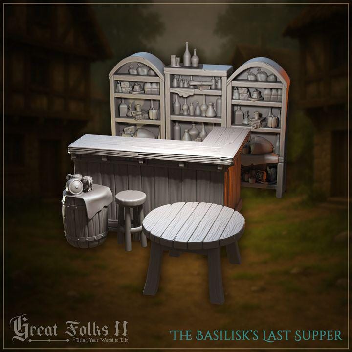 
6pc Tavern Bar Furniture Set Basilisk’s Last Supper Miniatures for Dungeons and Dragons 28mm/32mm TTRPG Mini Furniture - GG