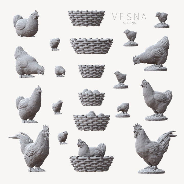 
Chicken and Basket Miniatures DnD Dungeons and Dragons Basing Bits Materials 28mm/32mm Chicken Miniature Farm Animal Scatter Terrain DnD