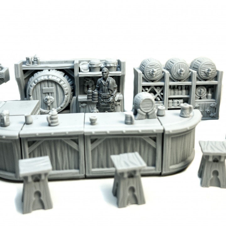 
Tavern Bar DnD Miniature Terrain for Dungeons and Dragons D&D Pathfinder 28mm 32mm Furniture  Bar Stools and Barrels