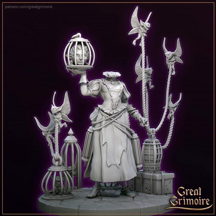 
Fairy Merchant Headless Miniature for Dungeons and Dragons 28mm/32mm TTRPG Scatter Miniature Base Magic Pet Cage - GG