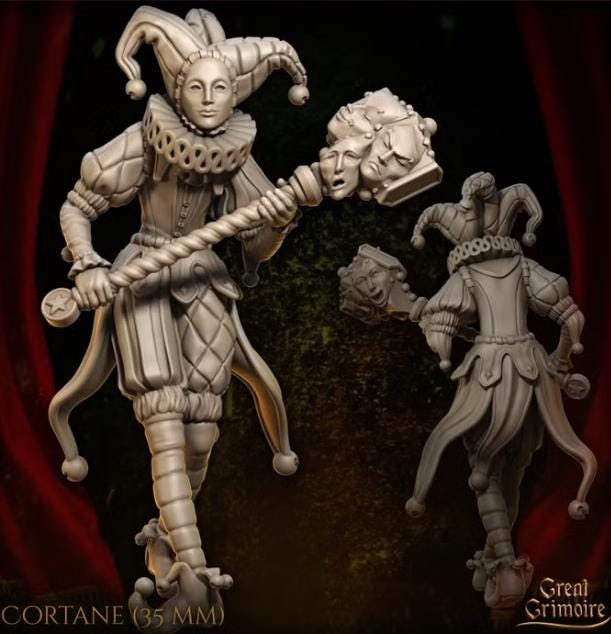 
Cortane, the Jester Dungeons and Dragons 28mm/32mm Jester Mini RPG Tabletop Miniature DnD Painting Pathfinder 5e Cirus Clown - GG