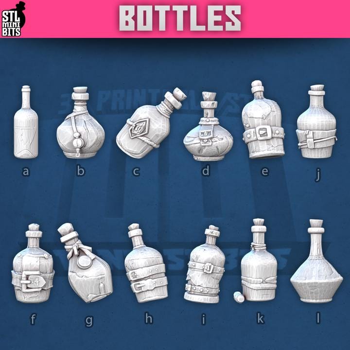 
12pc Bottle Miniature Pack for Dungeons and Dragons 28mm/32mm Basing Bits DnD Scatter Terrain Scenery D&D TTRPG Mini Basing Material - STL