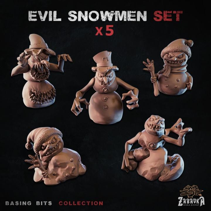 
5pc Evil Snowmen - Basing Bits 28mm/32mm TTRPG Scary Winter Battlefield Basing Materials Angry Snow Creature Scatter Melted Snowman MinisZbW