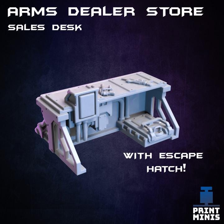 
The Arms Dealer Store 28mm/32mm Weapons Merchant TTRPG Wargame Terrain Kit Night Market Collection Basing bits Scifi Gun Shop Scenery