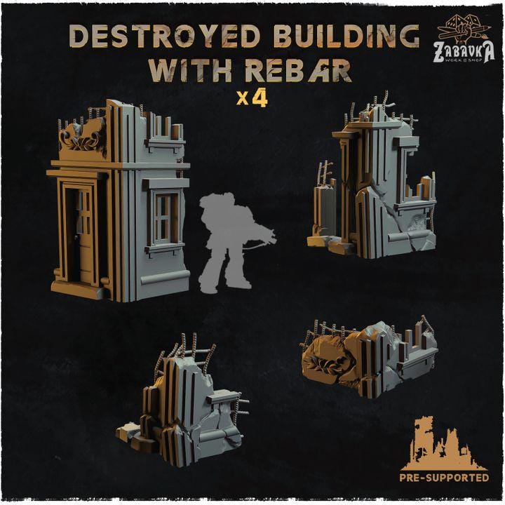 
4pc Destroyed Brick Building With Rebar (Basing Bits 2.0) 28mm/32mm TTRPG Urban Wargaming Basing Old City Ruins Destroyed Brick ScatterZbW