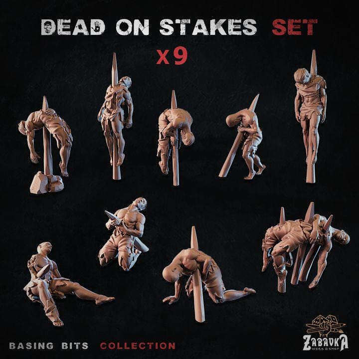 
9pc Dead men on Pikes for DnD Dungeons and Dragons 28mm/32mm Miniature Scatter Scenery TTRPG Fantasy basing bits Diorama Stakes Wargame mini