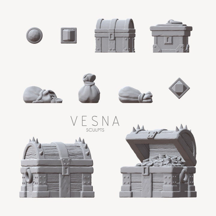 
DnD Treasure Chest DnD Dungeons and Dragons Treasure Scatter Terrain 20/28mm/32mm Treasures and Riches Miniature Set Basing Bits Basing RPG