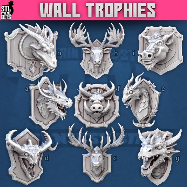 
9pc Wall Trophies for Dungeons and Dragons 28mm/32mm Basing Bits DnD Terrain Scenery Scatter D&D TTRPG Mini Basing Material Prop - STL