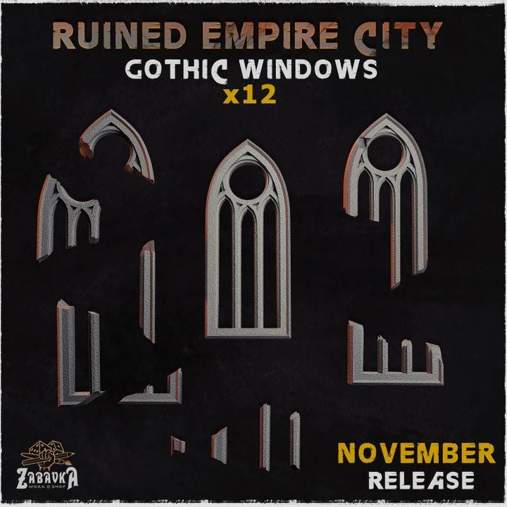 
12pc Ruined Empire City GOTHIC WINDOWS Miniatures Scatter Scenery Broken Windows DnD Dungeons and Dragons 28mm/32mm Figurines Basing Bits
