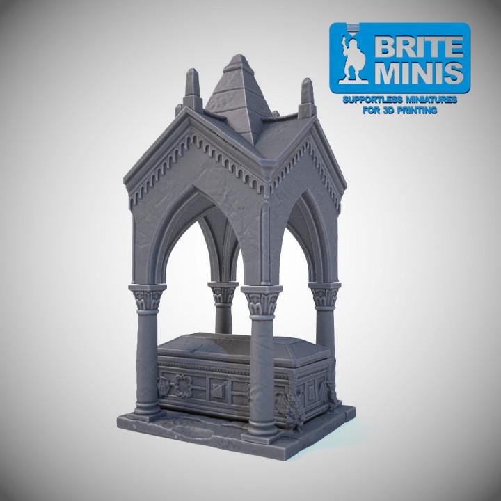
Modular Tomb Scatter Terrain for Dungeons and Dragons – Gothic Sarcophagus – D&D Terrain – 28mm 32mm TTRPG – Gray PLA, Brite Minis