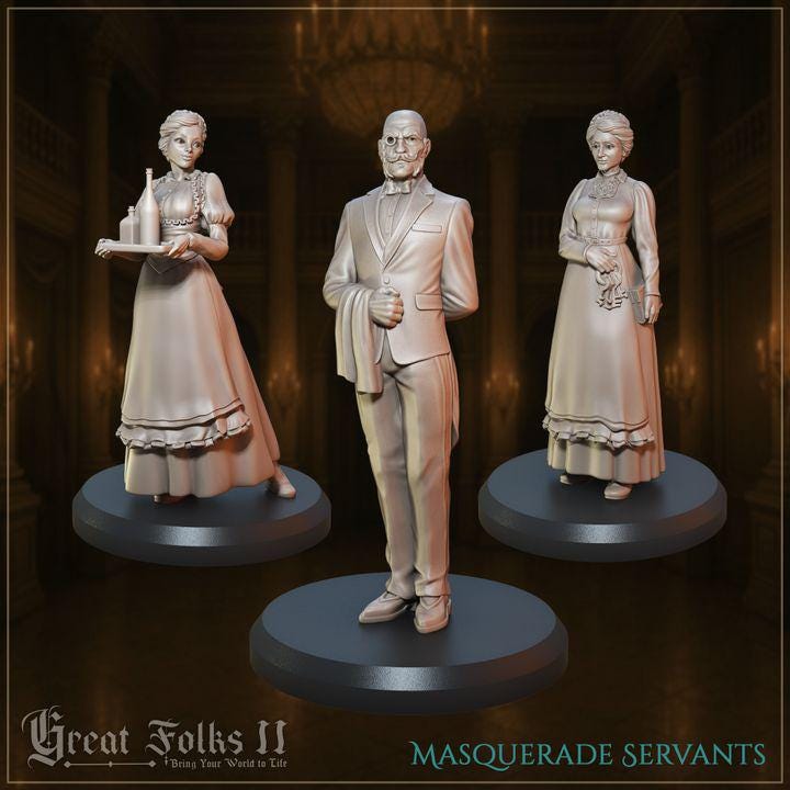 
3pc Masquerade Servants for Dungeons and Dragons 28mm/32mm Tavern TTRPG Minis Bartender Figurine Maid Miniatures Tavern Bar Staff - GG