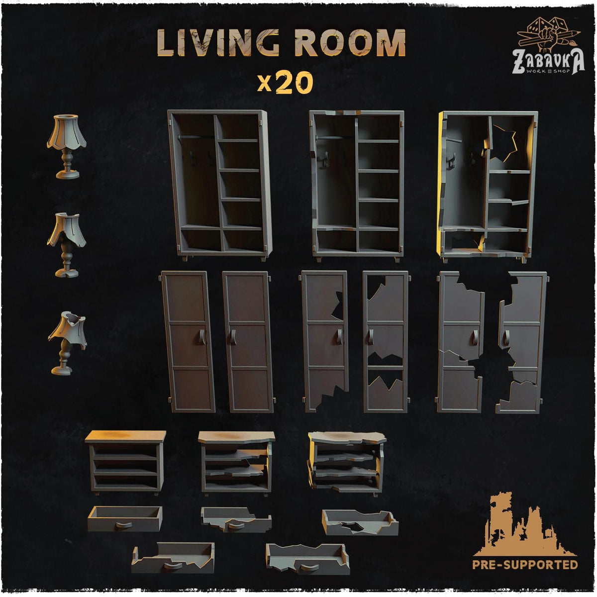 
20pc Living Room (Basing Bits 2.0) 28mm/32mm Scale Destroyed Furniture Scatter Dystopian Basing Materials Post-apoc Household SceneryZbW