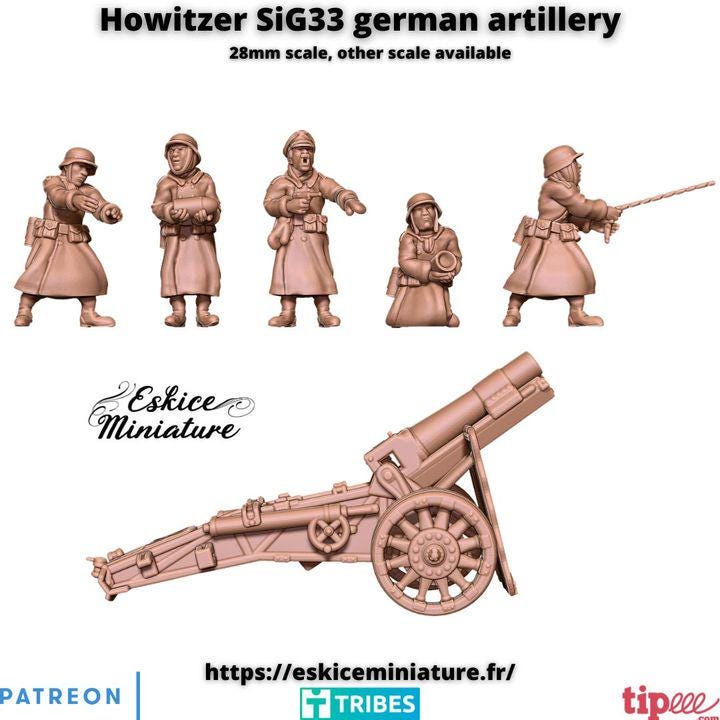 
Howitzer sIG33 with Crew WW2 – 15mm 20mm 28mm 32mm 1 35 Scale – German Artillery Miniature Set for Wargames – Eskice Miniature