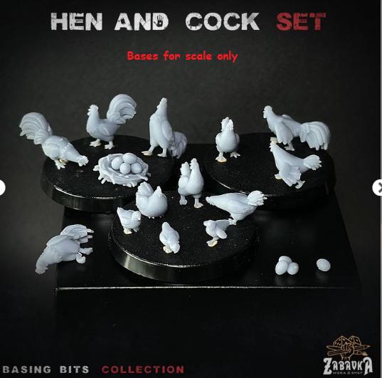 
19pc Hen and Cock Miniature Set for DnD Dungeons and Dragons 28mm/32mm Chicken Mini Scatter Terrain Basing Bits TTRPG Minis Farm Scatter ZbW
