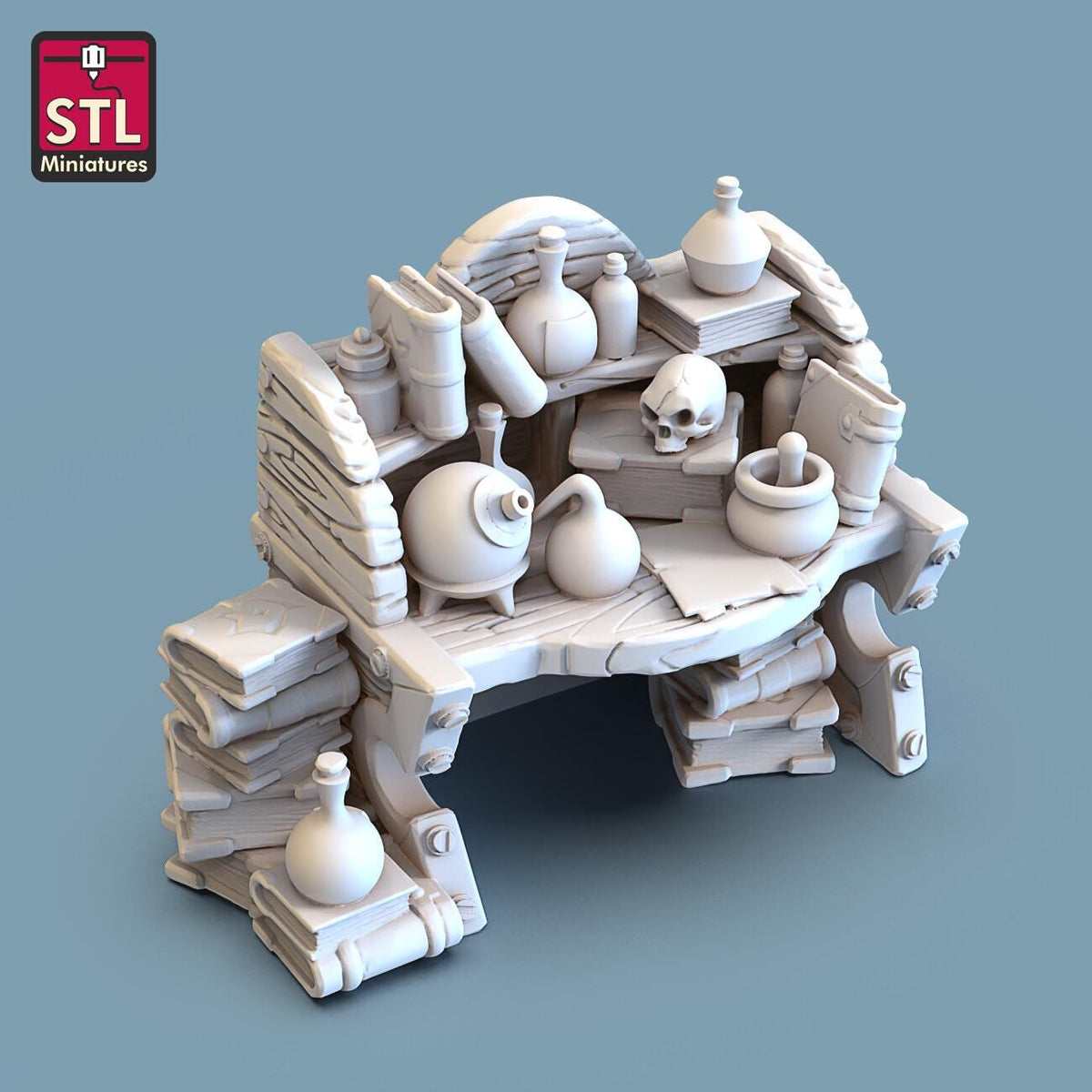 
Alchemist Desk DnD Dungeons and Dragons 28mm/32mm TTRPG Wargame Scatter Terrain Potions Skull Book Scatter Desk Props