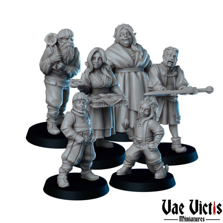 6pc Miniature Villagers NPC set for DnD Dungeons and Dragons Townsfolk Vendor NPCs 28mm 32mm Scale by Vae Victis Miniatures