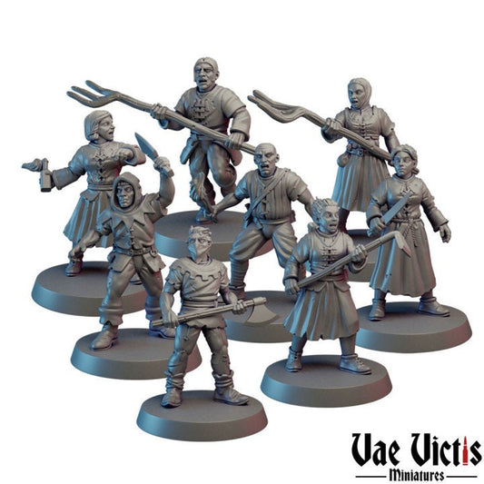 8pc Angry Villager Ruffians DnD Dungeons and Dragons 28mm/32mm DnD Mob Townsfolk Human Fighters TTRPG Fantasy Wargame Miniatures Pathfinder