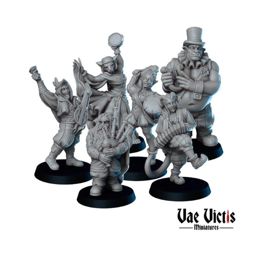 6pc The Itinerant band, Musical Character, Townsfolk Miniature, DnD, Dungeons and Dragons, Fantasy, Musician Band, Miniatures - Vae Victis