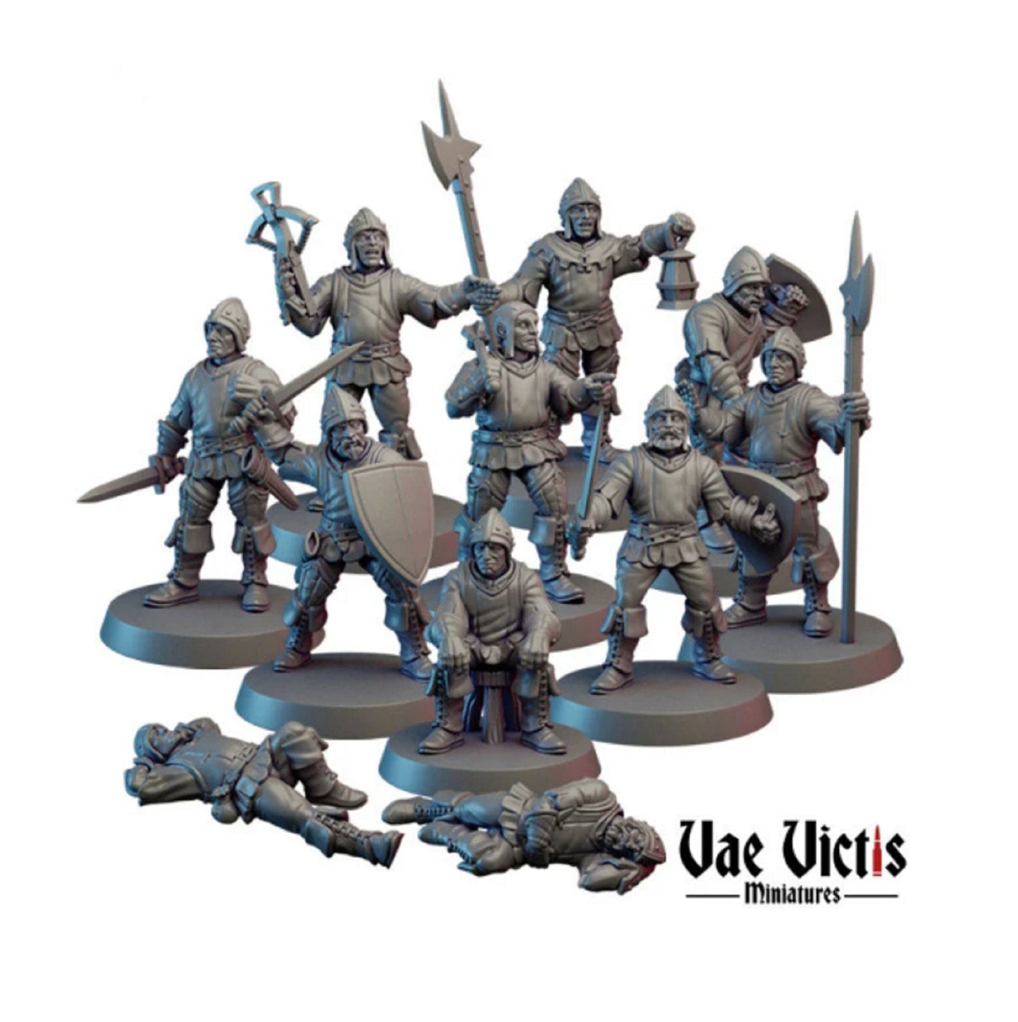 11pc Village Guards for DnD Dungeons and Dragons TTRPG Wargaming Fantasy RPG Miniatures 28mm 32mm Guardsmen by Vae Victis Miniatures