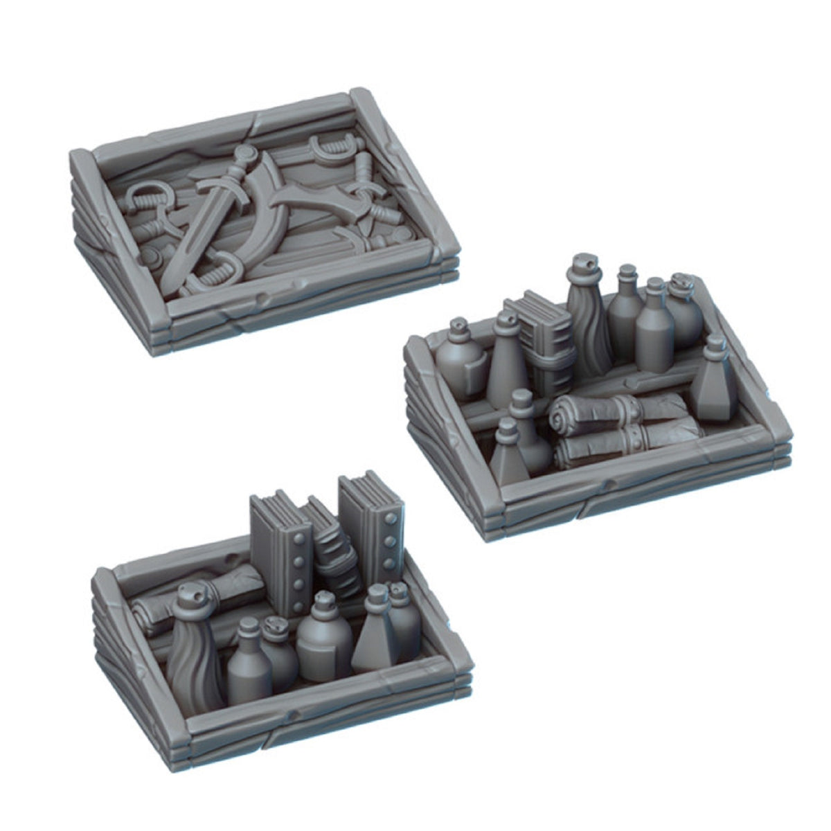 
Market Table Food Scatter Terrain Dungeons and Dragons DnD 28mm/32mm Props for D&D Includes Bread Apple Bage, Sword Bow Potions Scrolls
