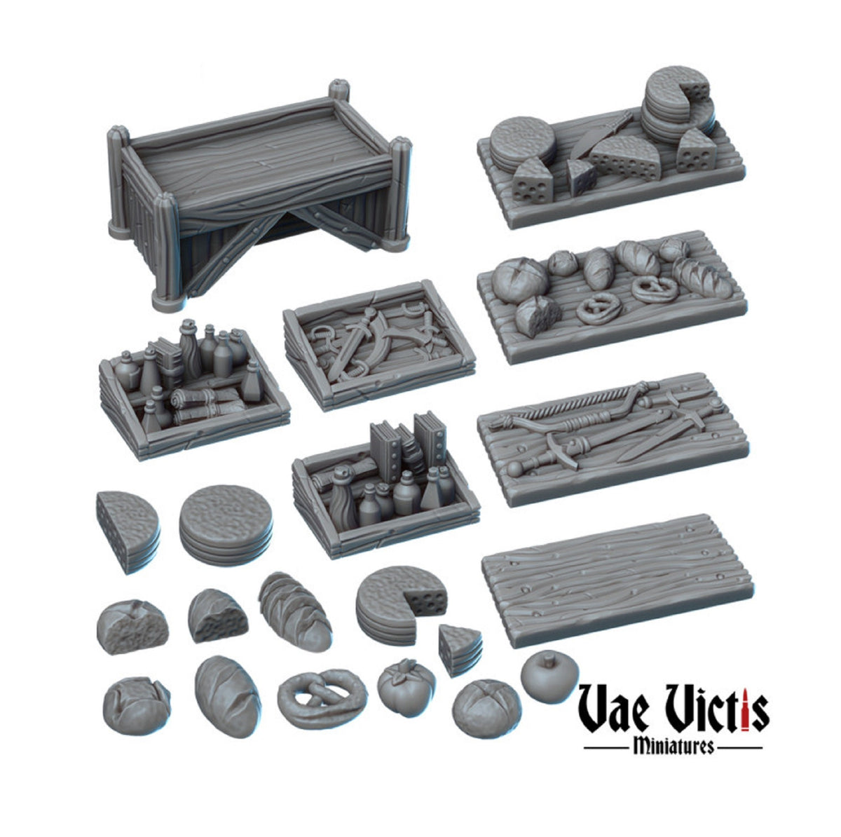 
Market Table Food Scatter Terrain Dungeons and Dragons DnD 28mm/32mm Props for D&D Includes Bread Apple Bage, Sword Bow Potions Scrolls