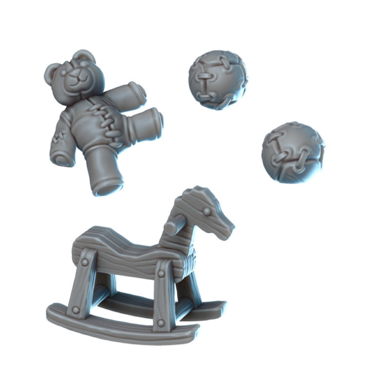 
Miniature Toys Set for Dioramas Dollhouse Figurines Tabletop RPG Includes Teddy, Balls, Rocking Horse, Toy Box, Trains, Horse & Soldier