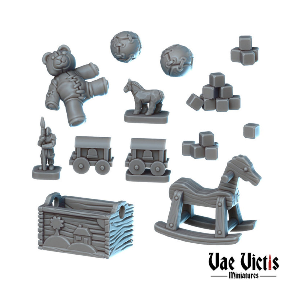 
Miniature Toys Set for Dioramas Dollhouse Figurines Tabletop RPG Includes Teddy, Balls, Rocking Horse, Toy Box, Trains, Horse & Soldier