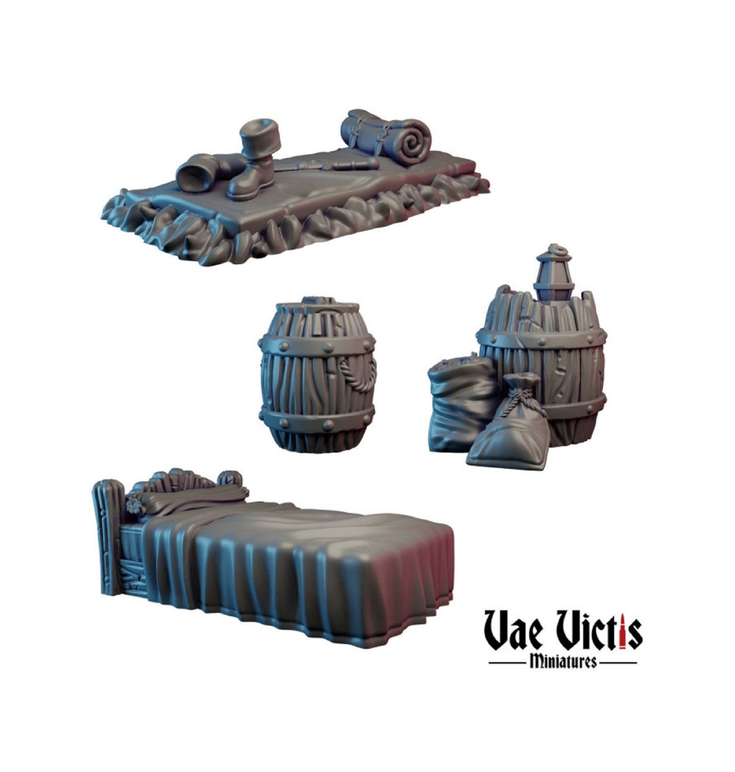 DnD Furniture Miniatures, Bed Roll, Bed, Barrel Minis, 28mm or 32mm, Fantasy, Tabletop RPG Furniture, Vae Victis