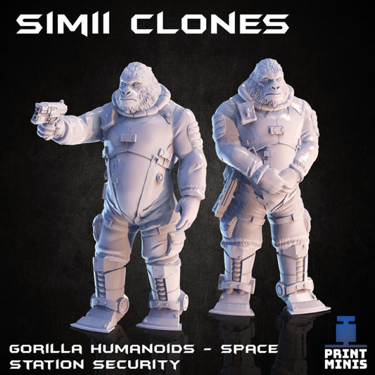 2 Guard Miniatures, Simii Security Guards, Gorilla Mini, Humanoids in orbit, Space, Fantasy, Space Mini, Print Minis