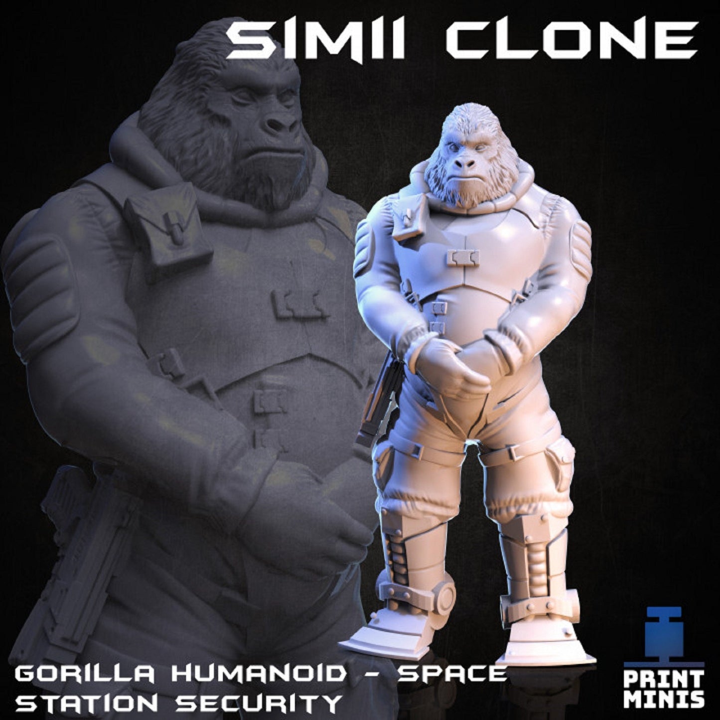 2 Guard Miniatures, Simii Security Guards, Gorilla Mini, Humanoids in orbit, Space, Fantasy, Space Mini, Print Minis