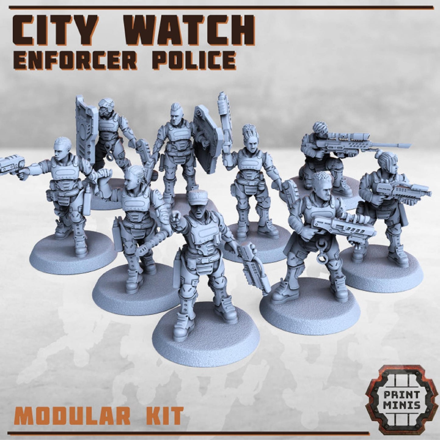 9Pc Police Miniatures, Sci-Fi, Light Infantry, Cyberpunk miniatures, Rogue, Soldier 'City Watch Enforcer Police', Miniatures, 28mm Heroic