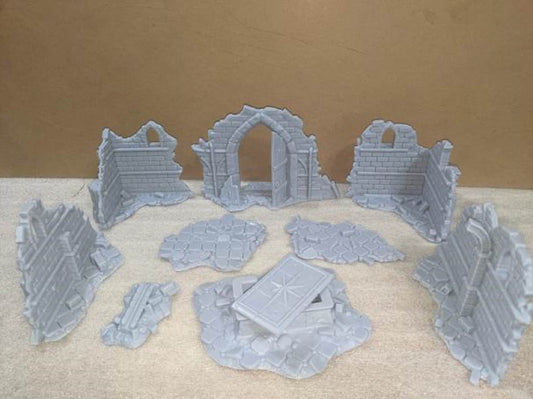 10pc Church ruins Wall Set Brick Stone Wall Scatter Terrain DnD Dungeons and Dragons Tabletop RPG Wargame Miniature Scenery