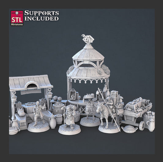 Food Vendors Set, Market, Miniature, DnD, Dungeons and Dragons, 28mm, 32mm Scatter, Terrain, Townsfolk Mini, DnD Village - STL Miniatures