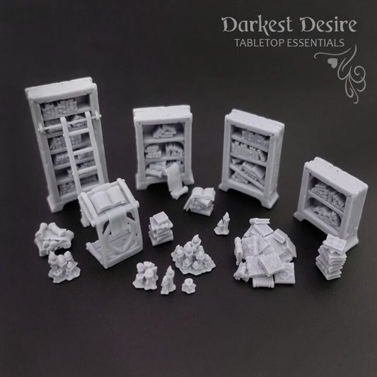 Book Miniatures and Library Furniture DnD Dungeons and Dragons 28mm/32mm TTRPG Wargame Miniature Scatter Terrain Tiny Books, Furniture