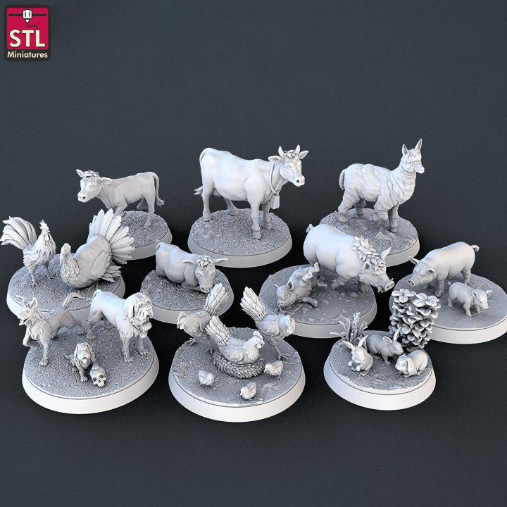 Farm Animals DnD Dungeons and Dragons 28mm/32mm Wargame Scatter Terrain Dog Llama Chicken Miniatures Rabbits Cows and Pigs TTRPG Fantasy