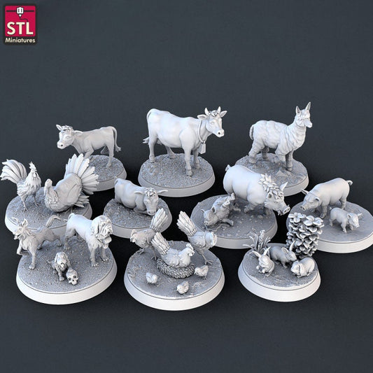 Farm Animals DnD Dungeons and Dragons 28mm/32mm Wargame Scatter Terrain Dog Llama Chicken Miniatures Rabbits Cows and Pigs TTRPG Fantasy