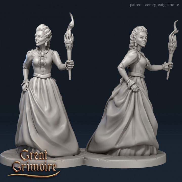 
Irene Milady DnD Dungeons and Dragons 28mm/32mm TTRPG Fantasy Miniature Posh Lady Wargame Scatter NPC Lady holding torch OR fan