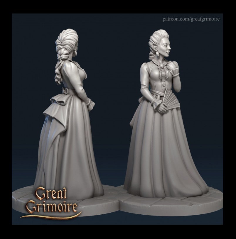 
Irene Milady DnD Dungeons and Dragons 28mm/32mm TTRPG Fantasy Miniature Posh Lady Wargame Scatter NPC Lady holding torch OR fan