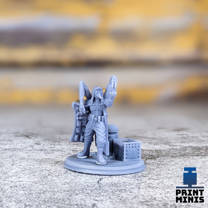 
Narcotics Vendor, Cyberpunk, DnD Miniature, Dungeons and Dragons, 28mm or 32mm Scale Miniature - Night Market Collection by Print Minis