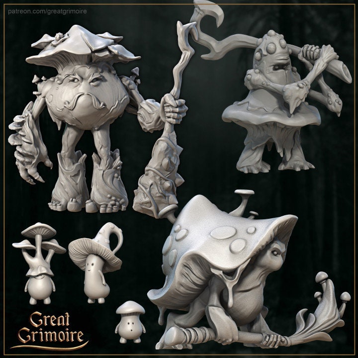 
Fungal Mushroom Warriors DnD Dungeons and Dragons 5e Creatures 28mm 32mm Scale MushroomFolk Warrior Mushroom Villagers by Great Grimoire